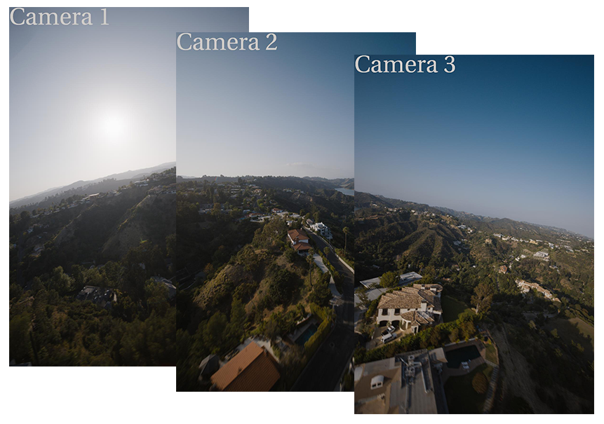 Three elements making up the three-camera array.